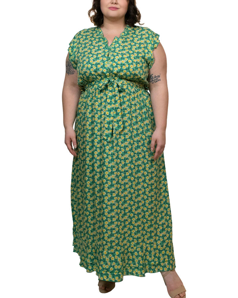 Front of a model wearing a size XL Kiara Maxi Dress Floral Print Frilled V-Neckline in Green by ANNICK. | dia_product_style_image_id:294817